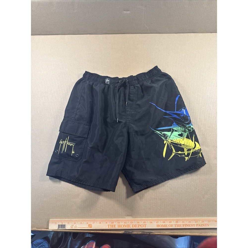 Guy Harvey By AFICO Men's Black Drawstring Board Shorts Swim Trunks Size Large‎